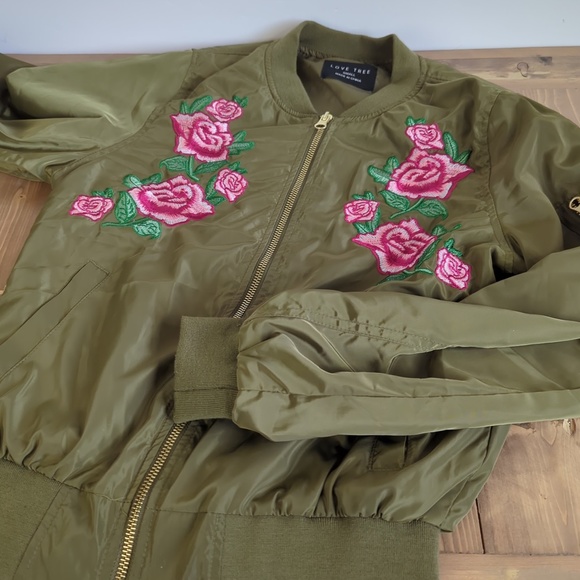 Love Tree Olive Green Floral Embroidered Bomber Jacket - Picture 3 of 16